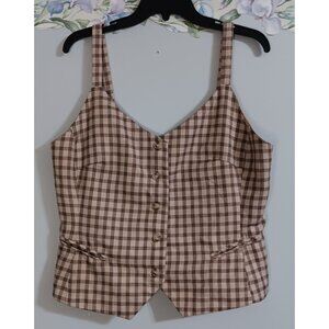 Kancy Kole Large Brown Plaid Academic Business Casual Button Vest Tank Top